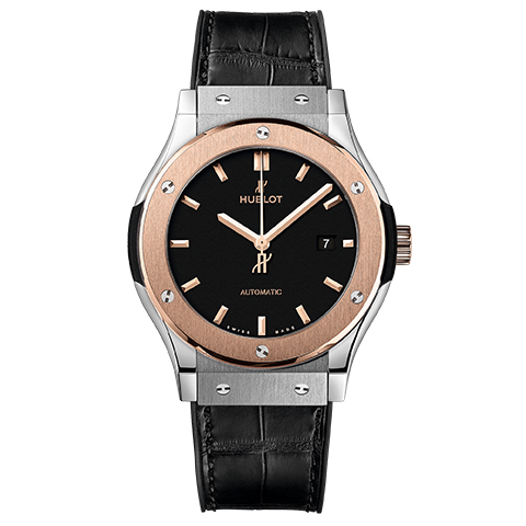内部点検済 HUBLOT ウブロ クラシックフュージョン クロノグラフ キングゴールド チタニウム 565.NO1181.LR 100m防水 デイト 黒 ブラック K18KG キングゴールド Ti チタン 純正ベルト 純正尾錠 メンズ レディース ボーイズ 自動巻き【6ヶ月保証】【腕時計】【中古】 ウブロ クラシック・フュージョン チタニウム キングゴールド クロノ
